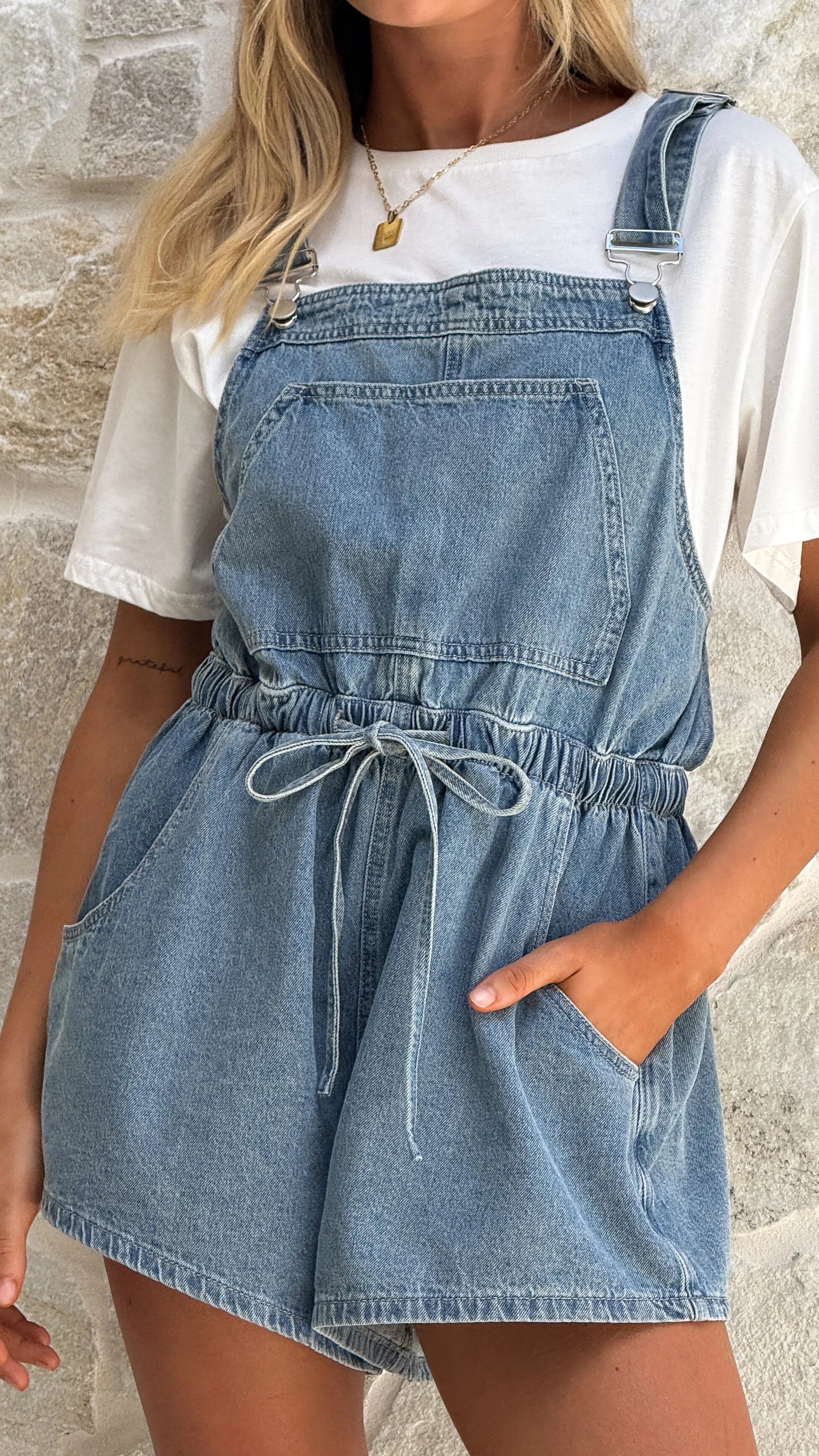 Becka Denim Playsuit Mid Blue Wash