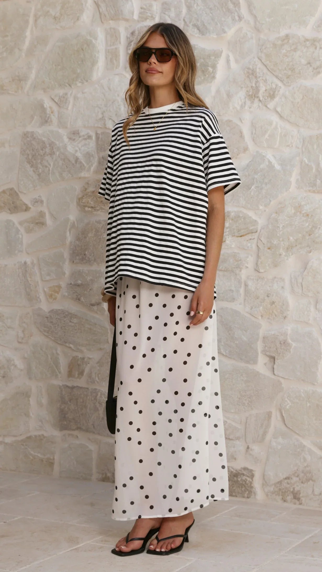 Elisha T Shirt and Sheer Maxi Skirt Set Black White Stripe and Polka Dot