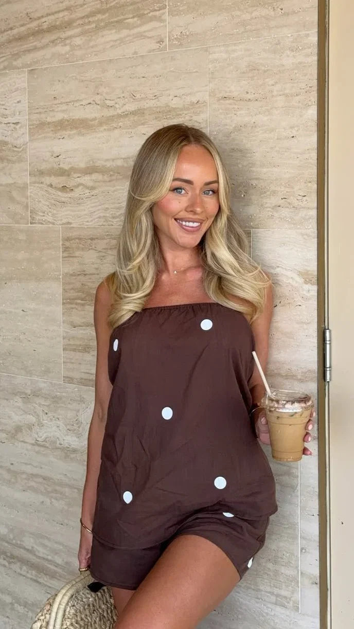 Calliope Strapless Top and Shorts Set Brown White Polka