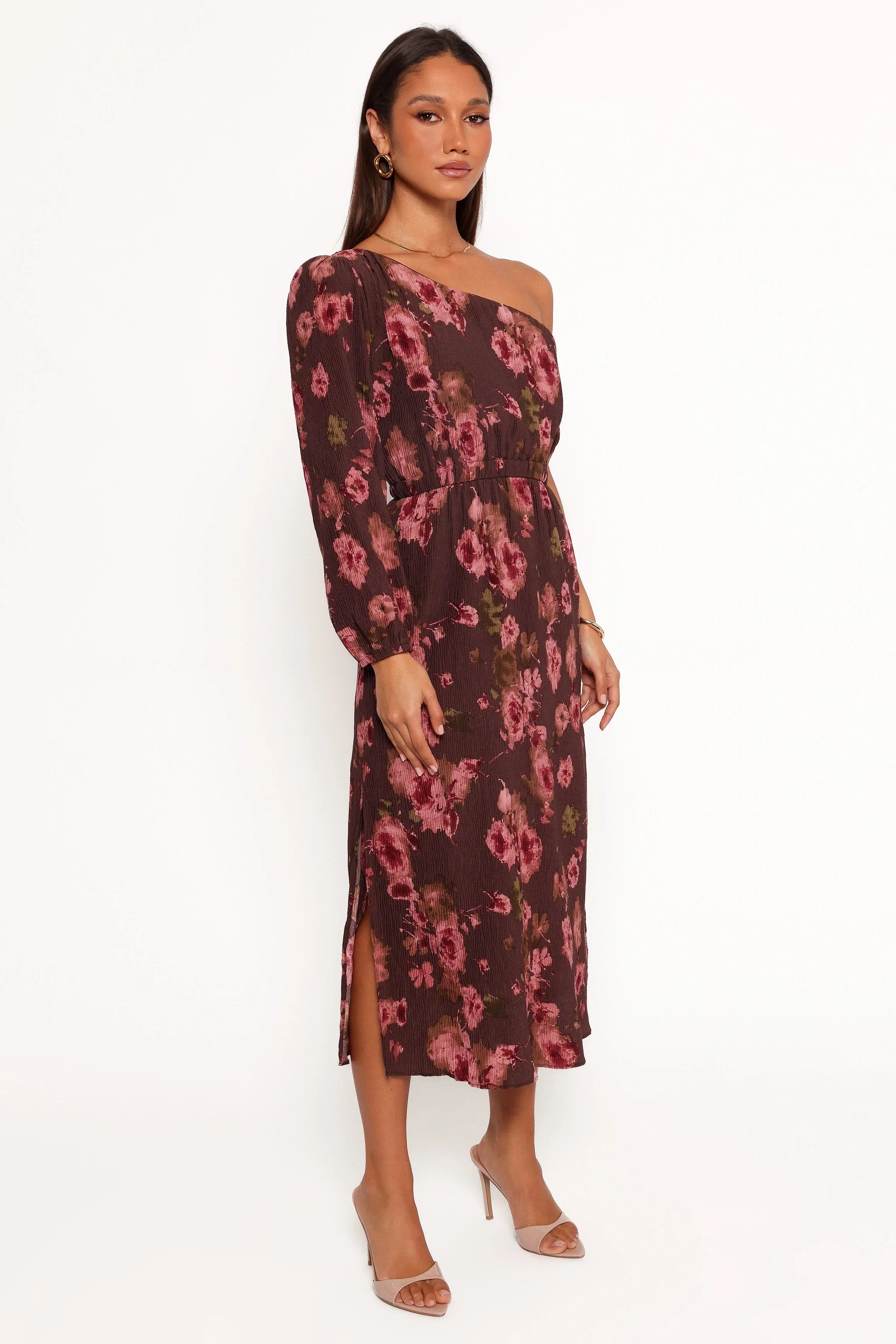 Pontee One Shoulder Pleated Midi Dress Chocolate Brown