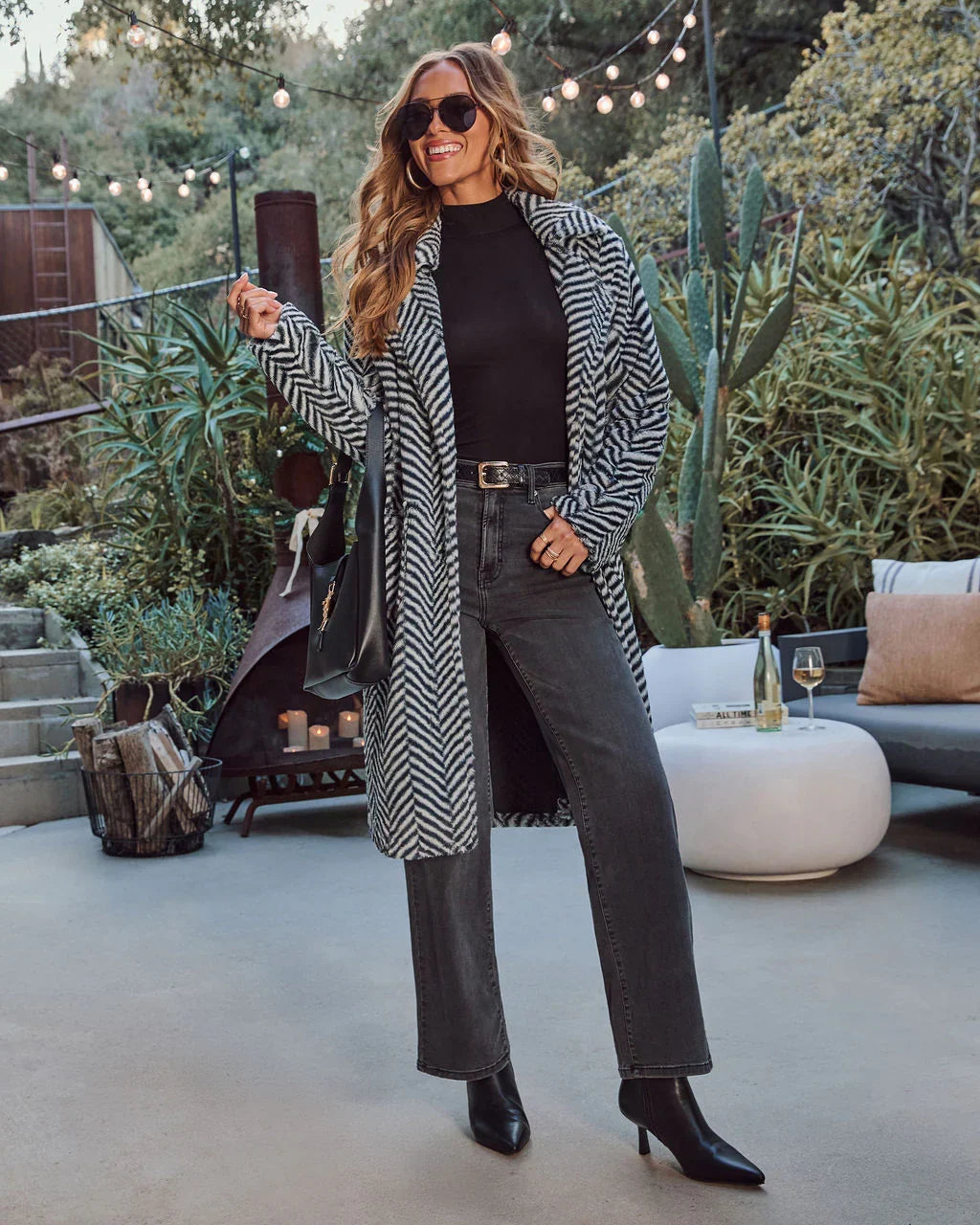 Noellah Herringbone Print Faux Fur Coat