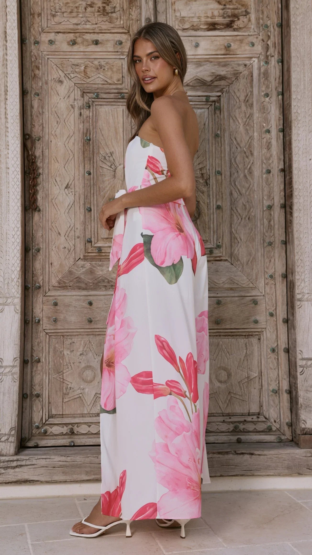 Carson Front Split Strapless Jumpsuit Pink Floral