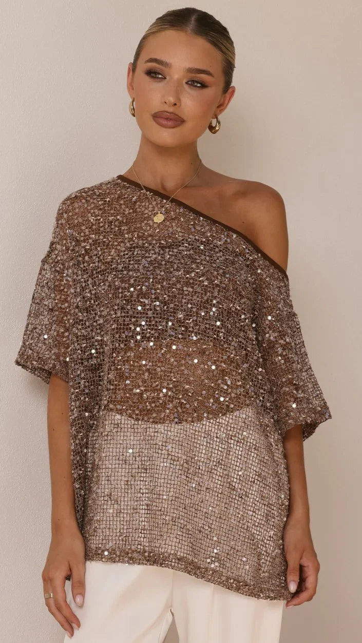 Zinnie Sequins Off Shoulder Top Mocha
