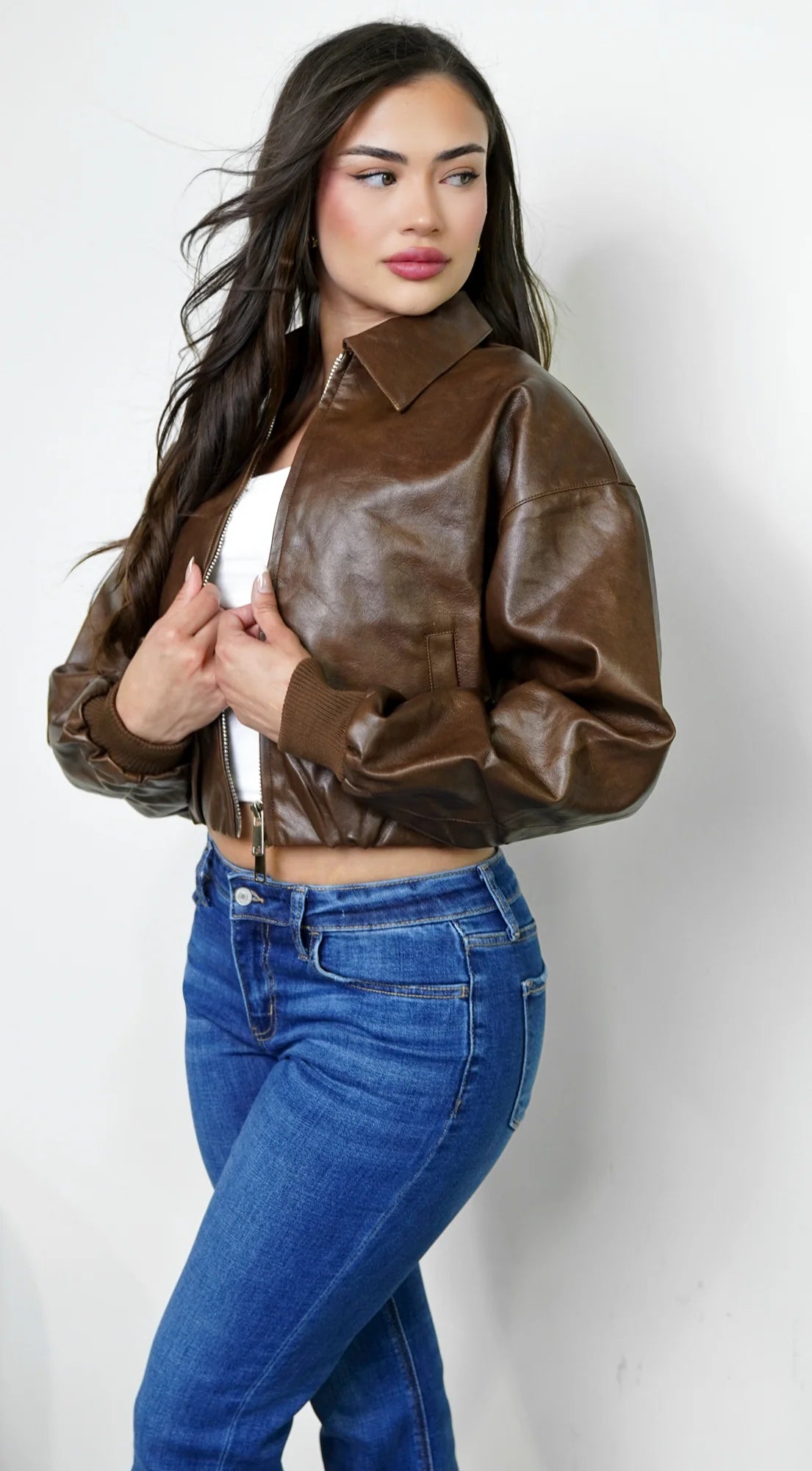 Nolair Bomber PU Leather Jacket Brown