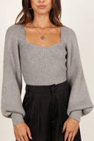 Gia Sweetheart Neck Bell Sleeve Knit Sweater Light Grey