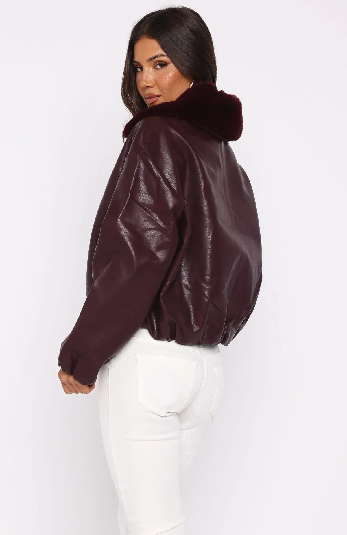 No Competition PU Bomber Jacket Burgundy