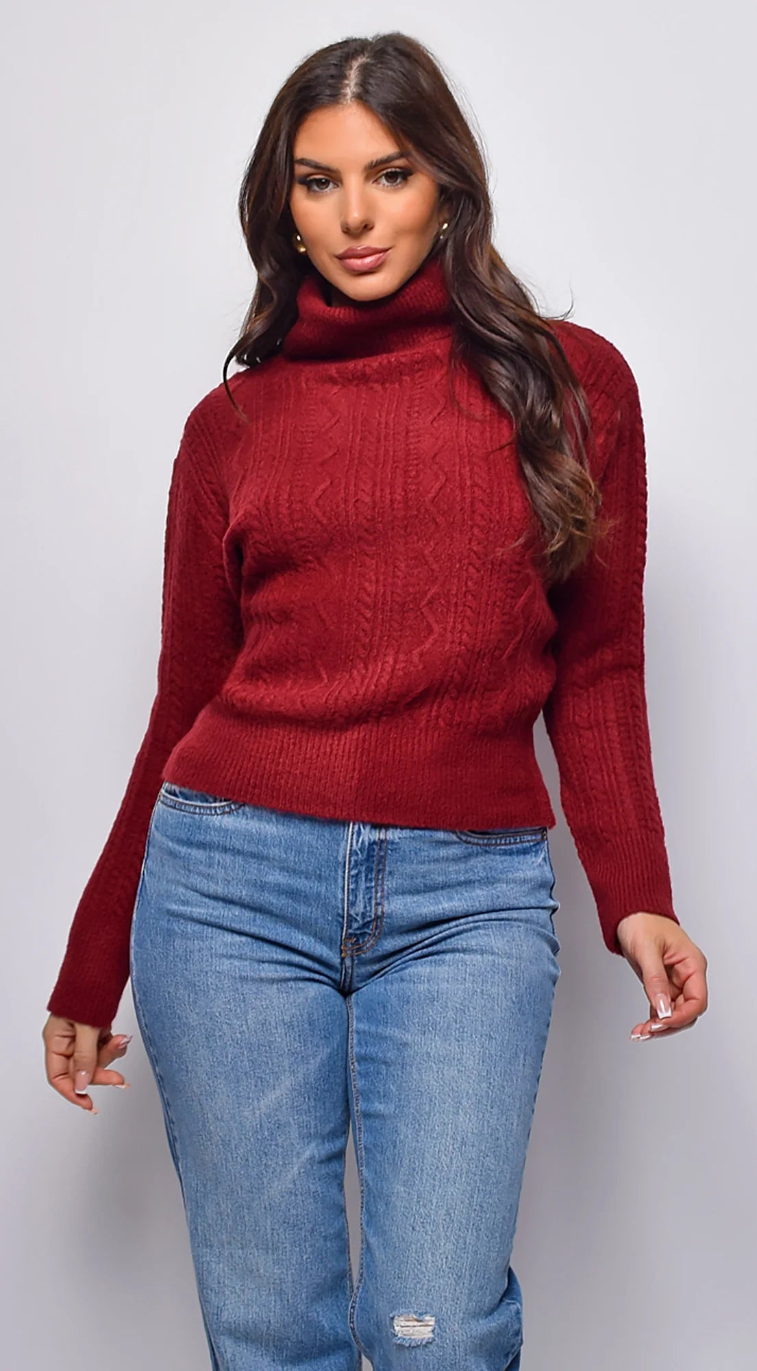 Gisella Cable Knit Turtle Neck Sweater Top Burgundy