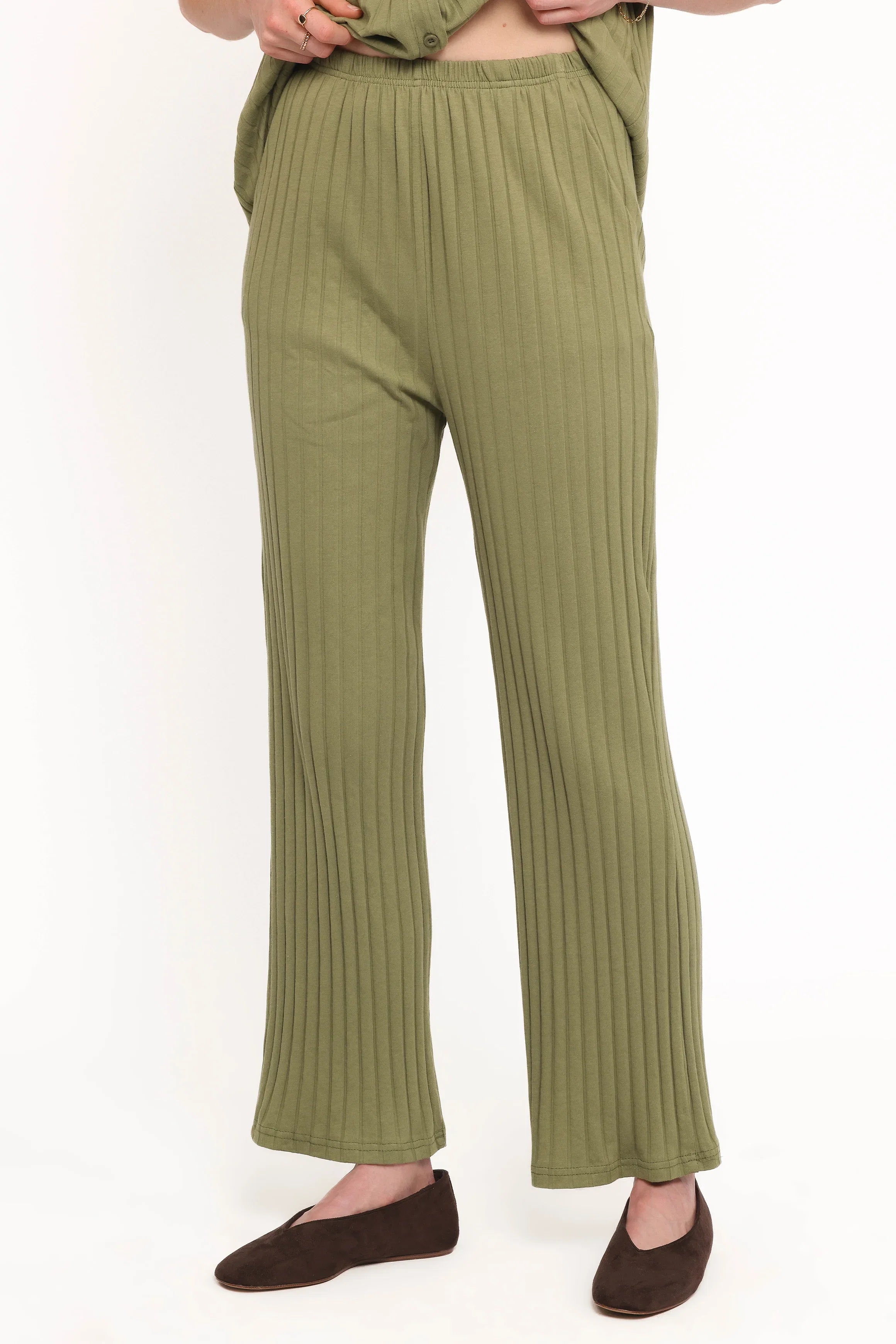 Phillipa Wide Ribbed Shirt Set Olive