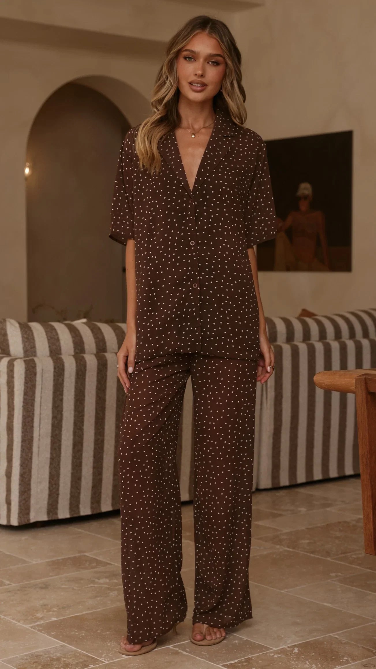 Ashleigh Sheer Shirt and Pants Set Brown Polka