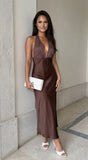 Mocha Muse Polka Dot Satin Maxi Dress Brown