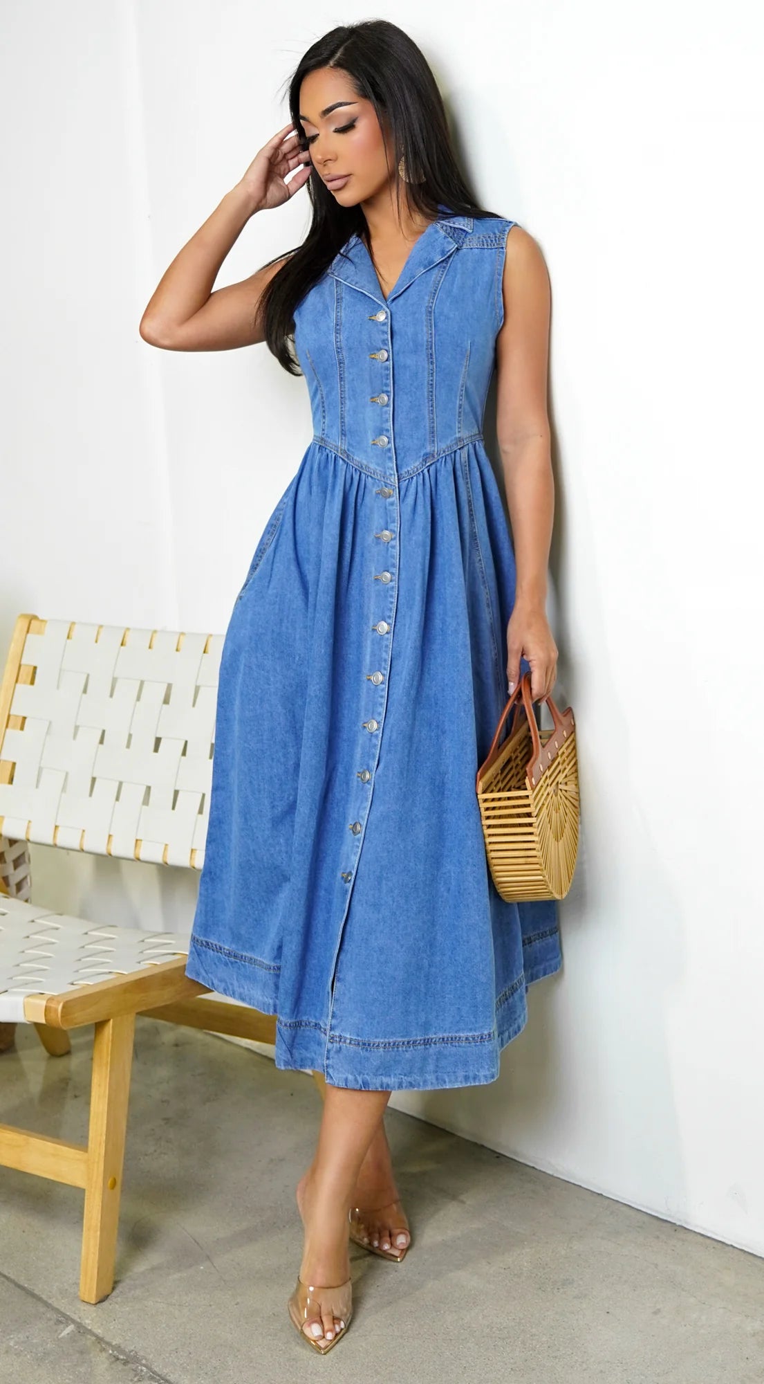 Hope Sleeveless Denim Midi Dress Blue
