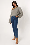 Becca Crewneck Waffle Stitch Stripe Knit Sweater Olive