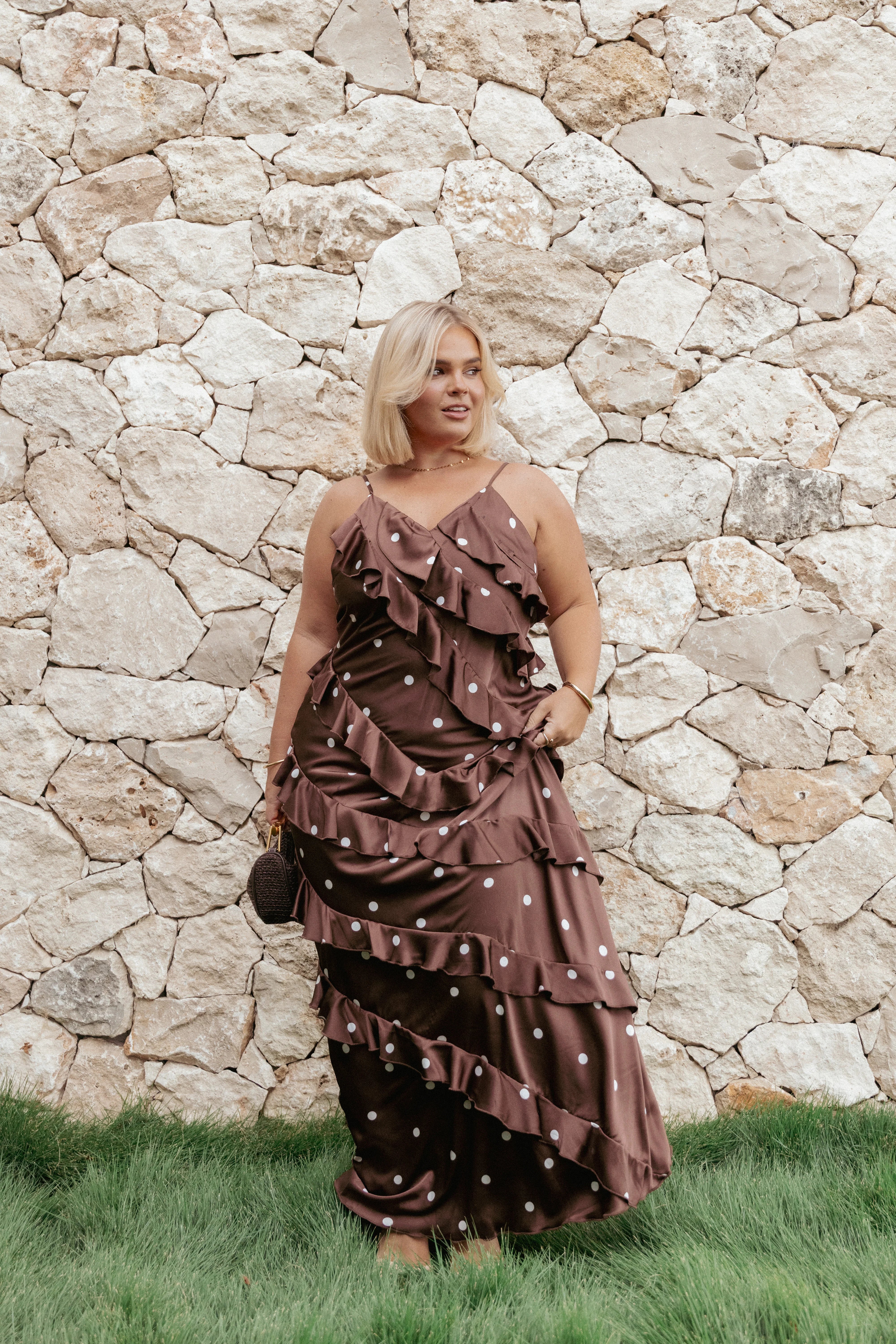 Ciao Ruffles Maxi Satin Dress Brown Polka Dot