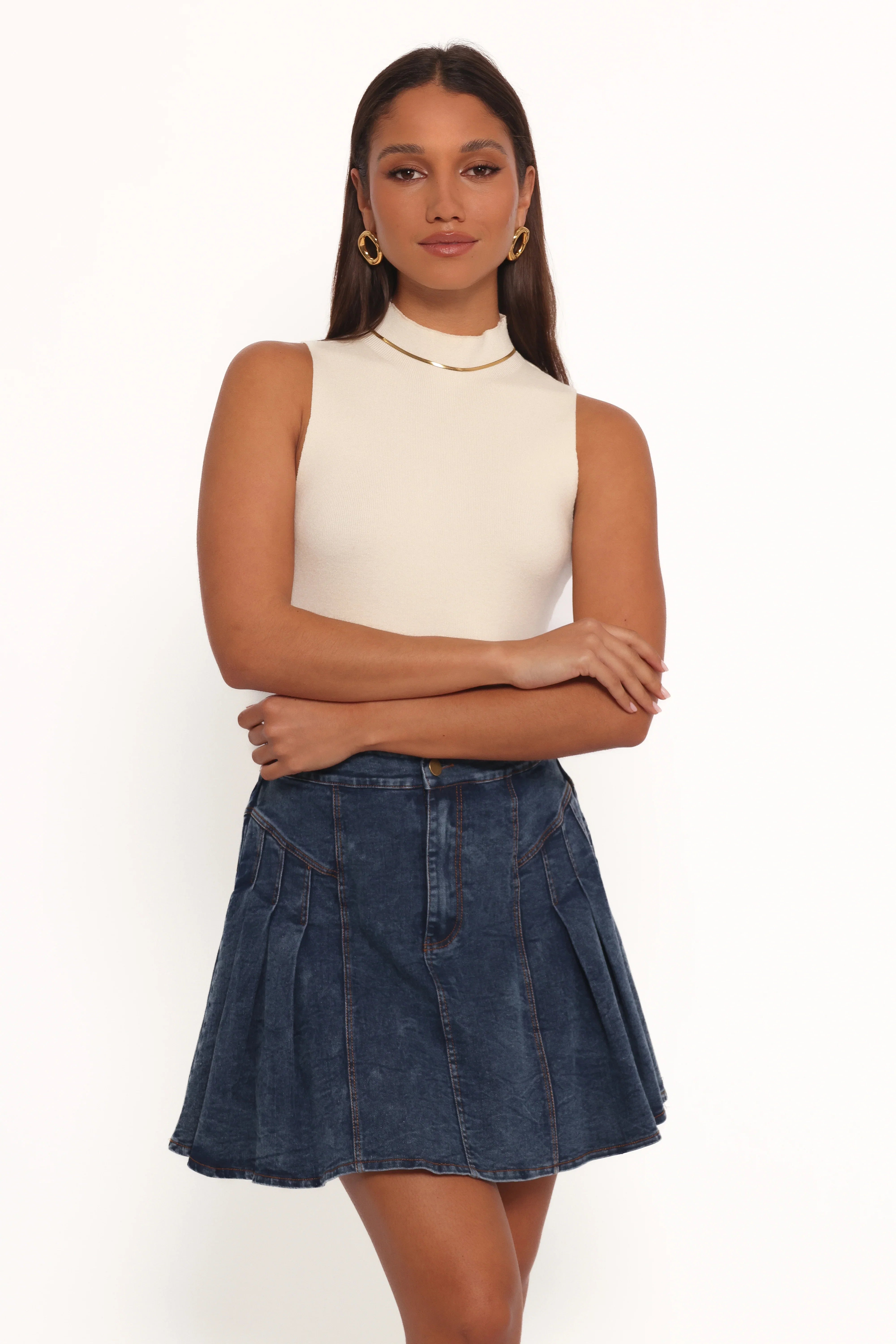 Alek Pleated Mini Skirt Mid Wash Denim