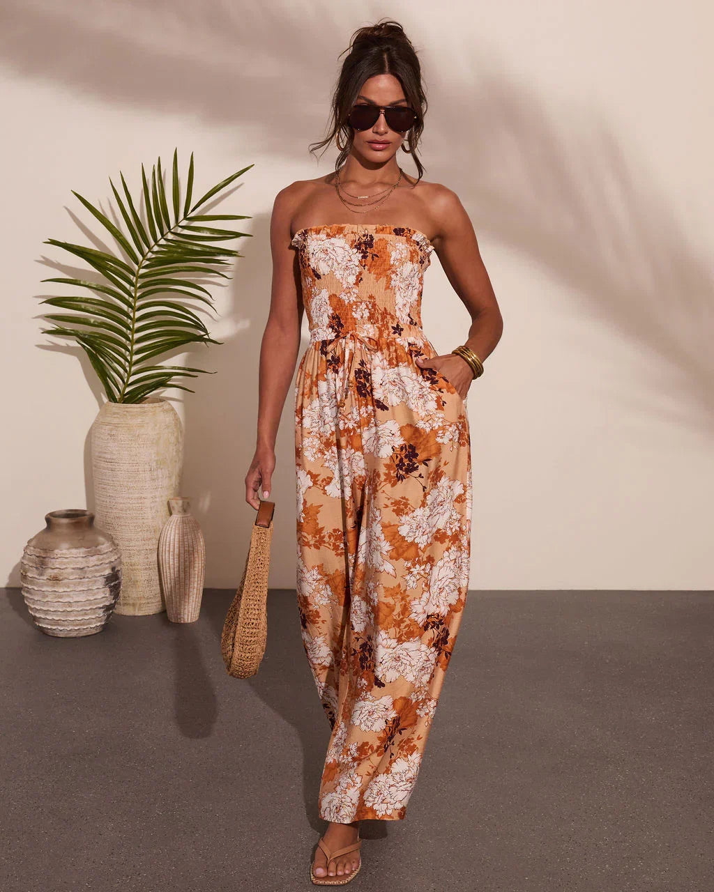 Sun Daydream Strapless Floral Print Jumpsuit