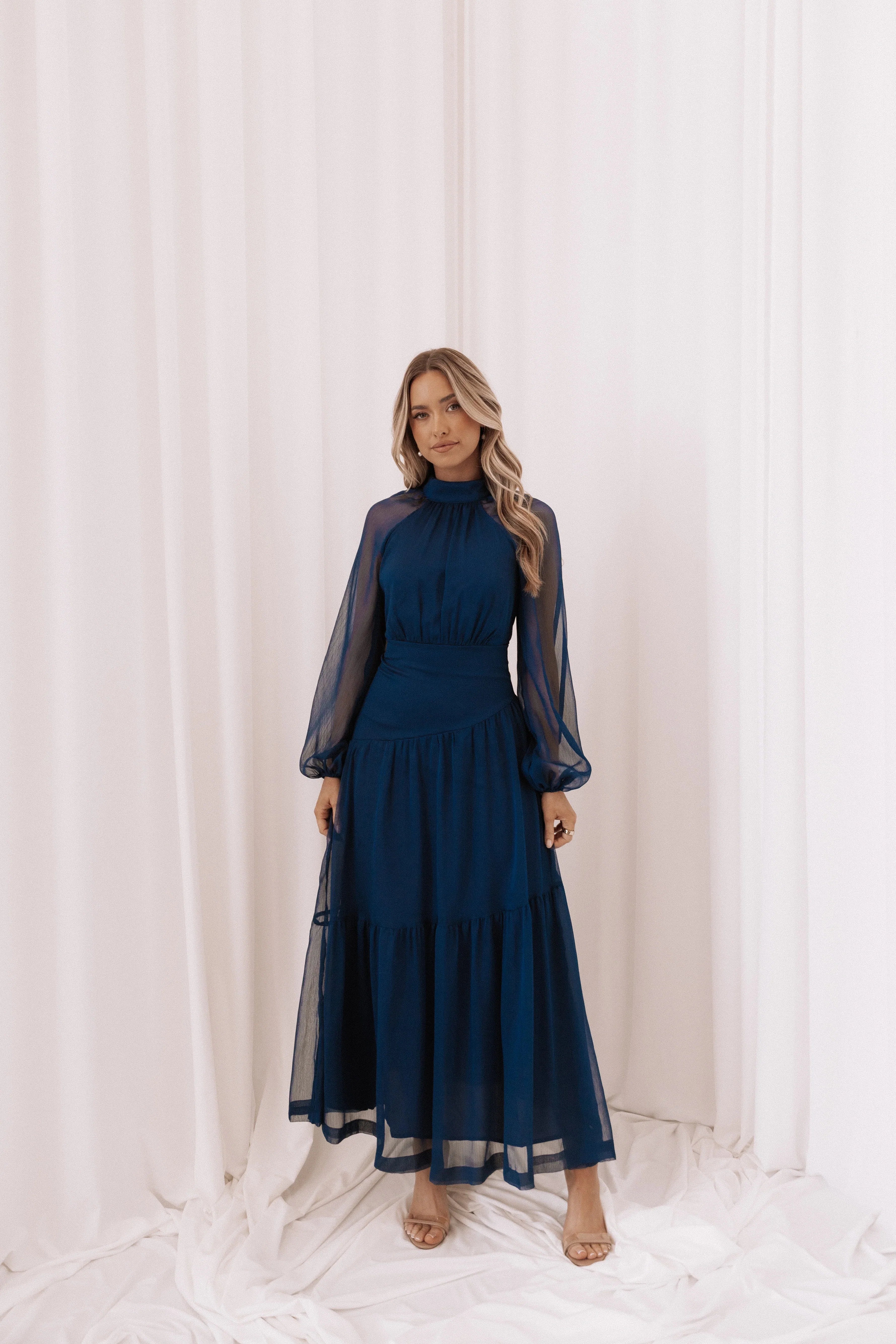 Julip Sheer Long Sleeve Maxi Dress Navy