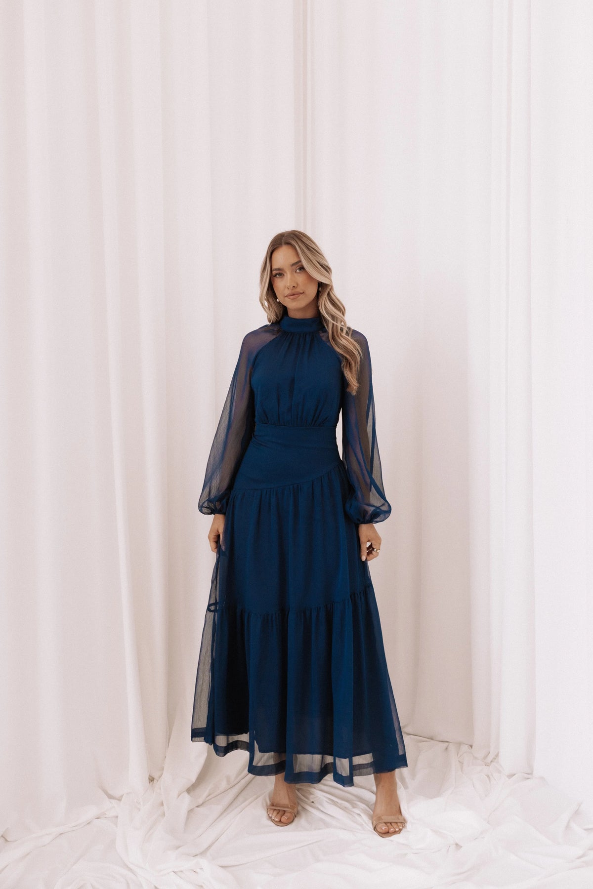 Julip Sheer Long Sleeve Maxi Dress Navy