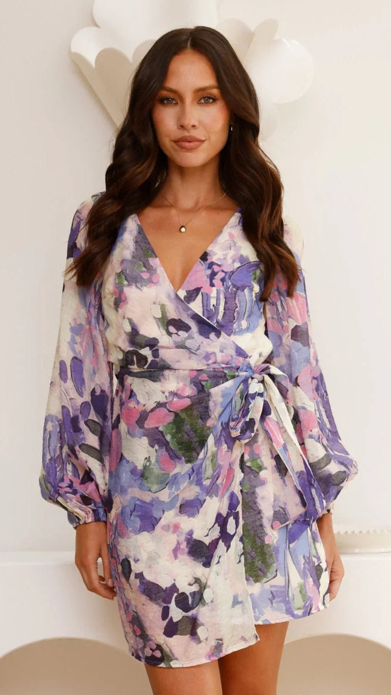 Jemma Long Sleeve Mini Dress Purple Abstract