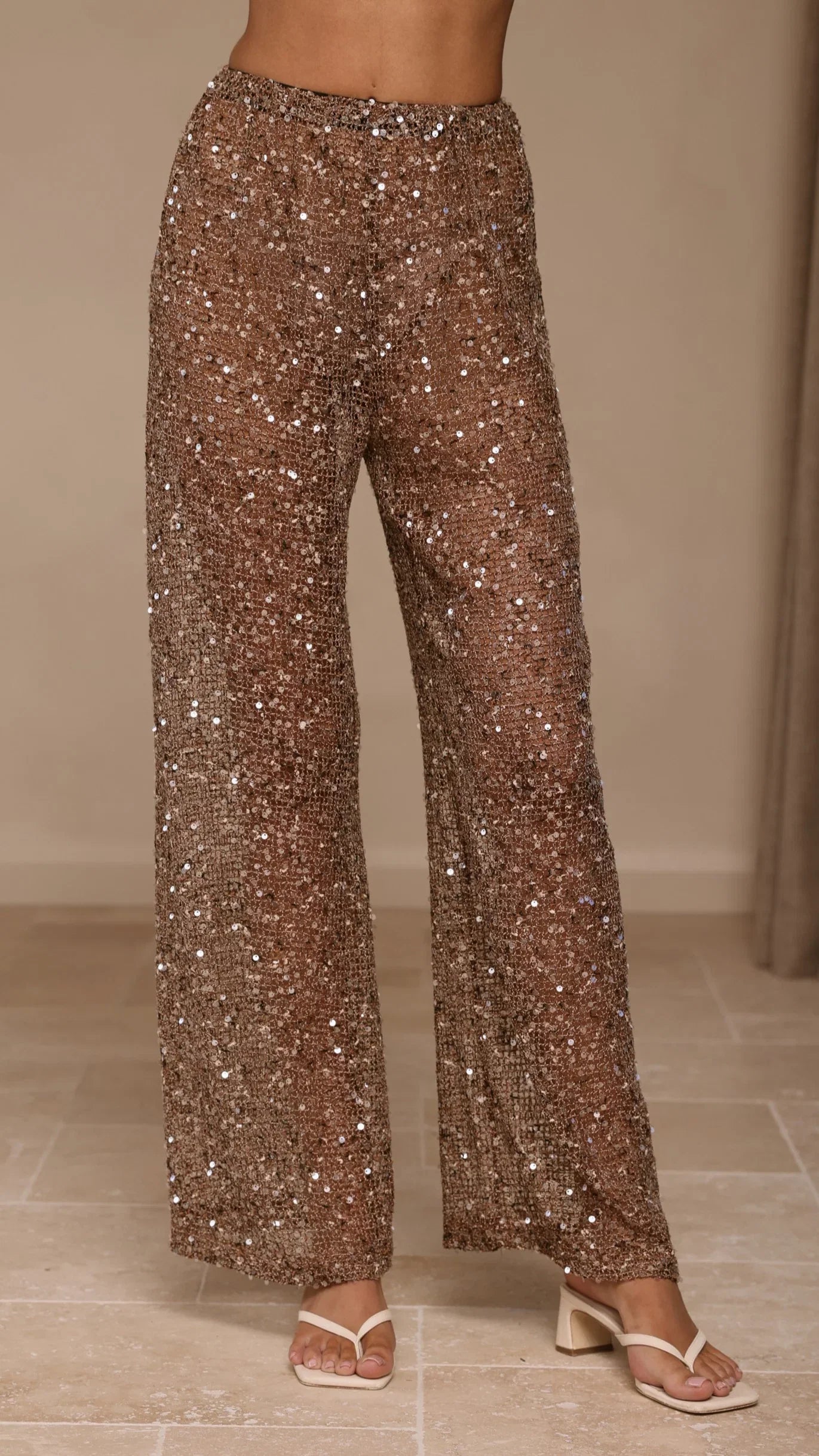 Zarina Sequin Long Line Top and Pants Set Mocha