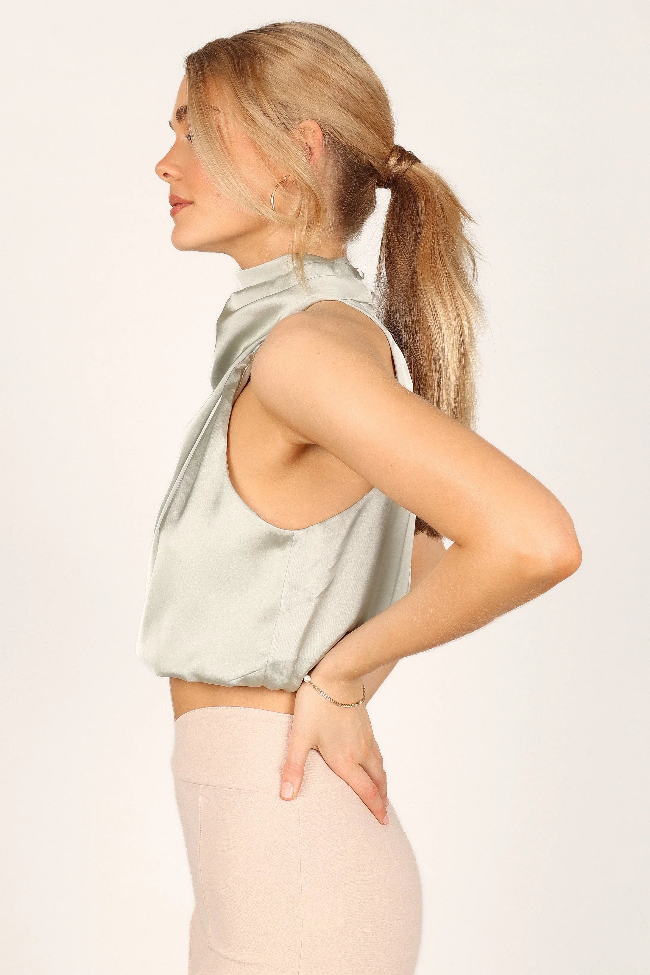 Arabella High Neck Drape Satin Top Olive