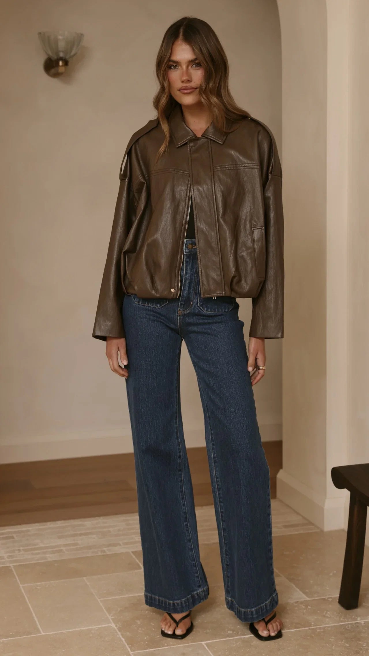 Leela Vegan Leather Bomber Jacket Brown