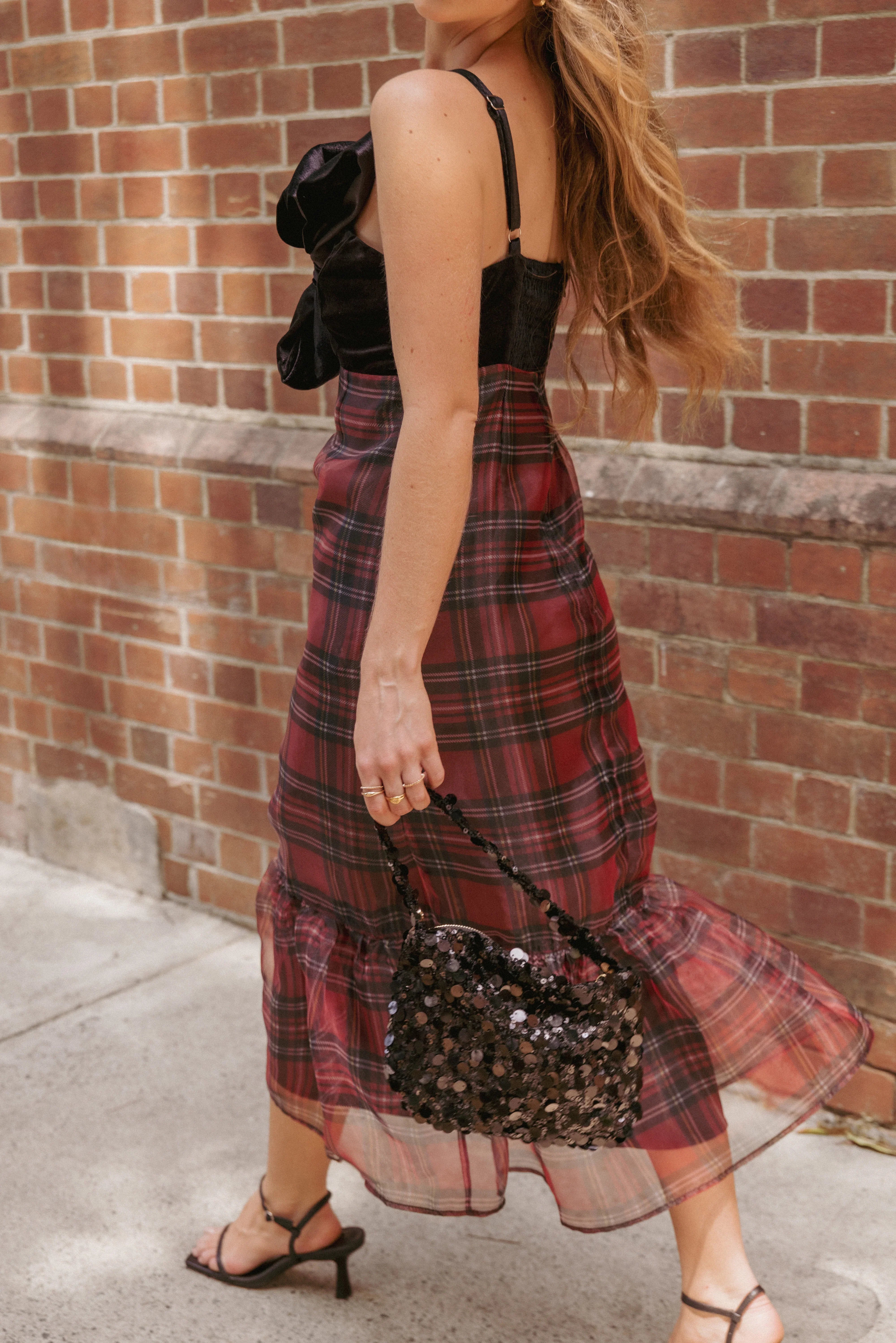 Amelie Bow Front One Shoulder Midi Dress Red Plaid