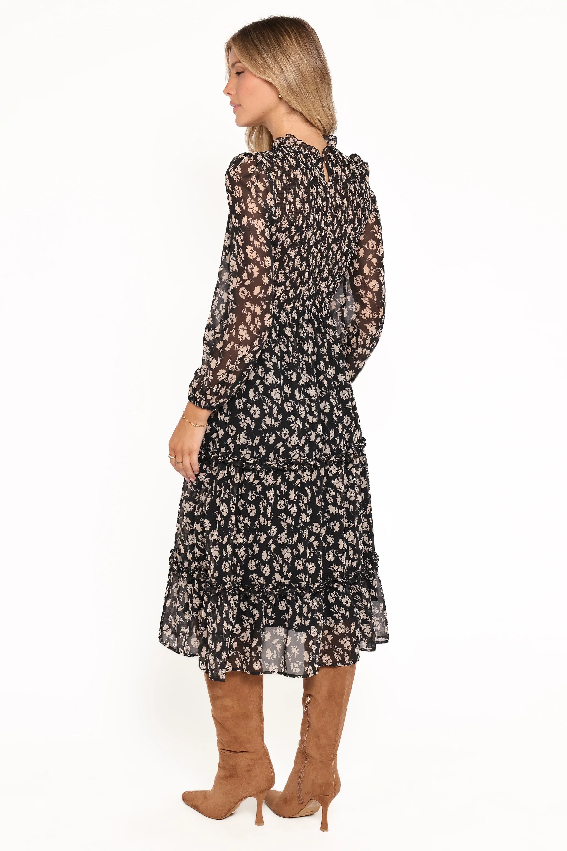 Edwina Shirred Frill Long Sleeve Midi Dress Black Ditsy Floral