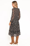 Edwina Shirred Frill Long Sleeve Midi Dress Black Ditsy Floral