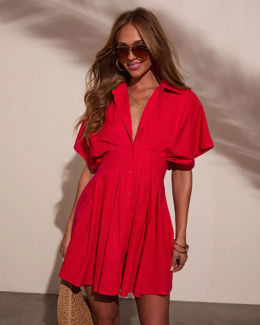 Stacie Pleated Mini Shirt Dress