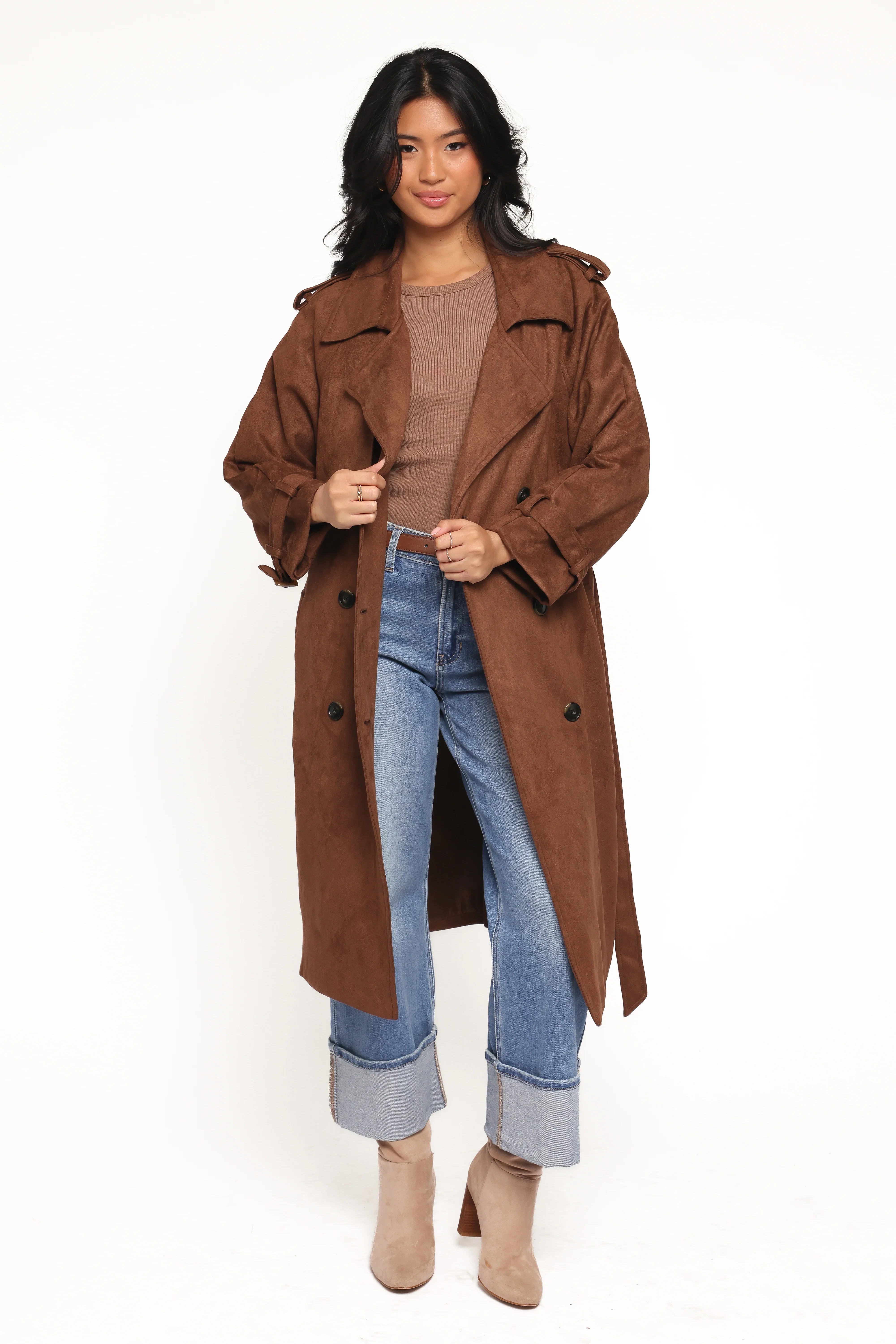 Micha Faux Suede Trench Coat Brown
