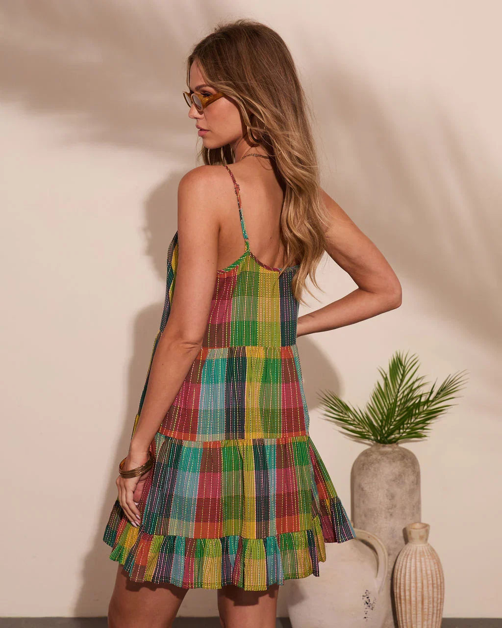 Solivra Shift Cotton Plaid Mini Dress