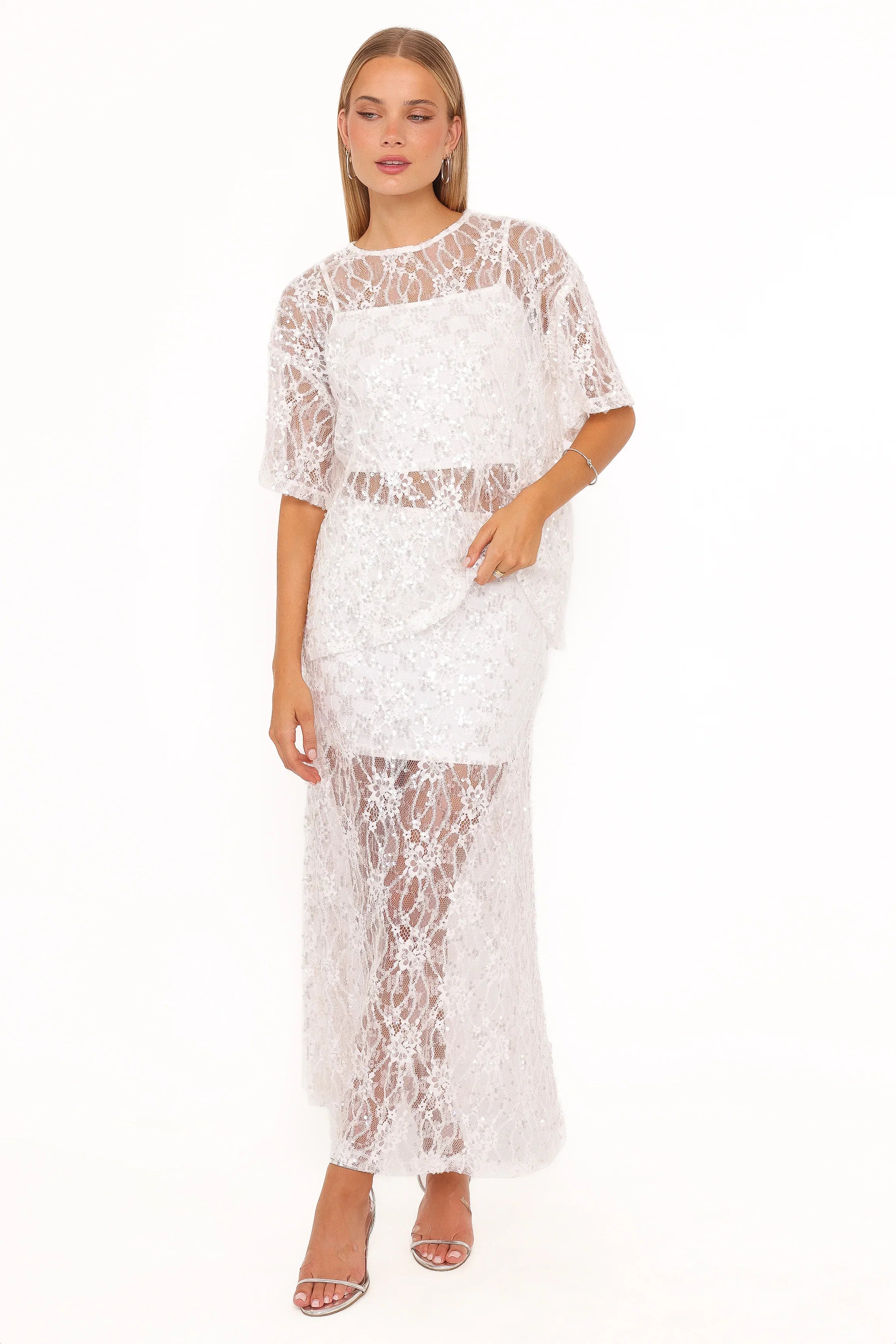 Yonder Sheer Panel Lace Maxi Skirt White