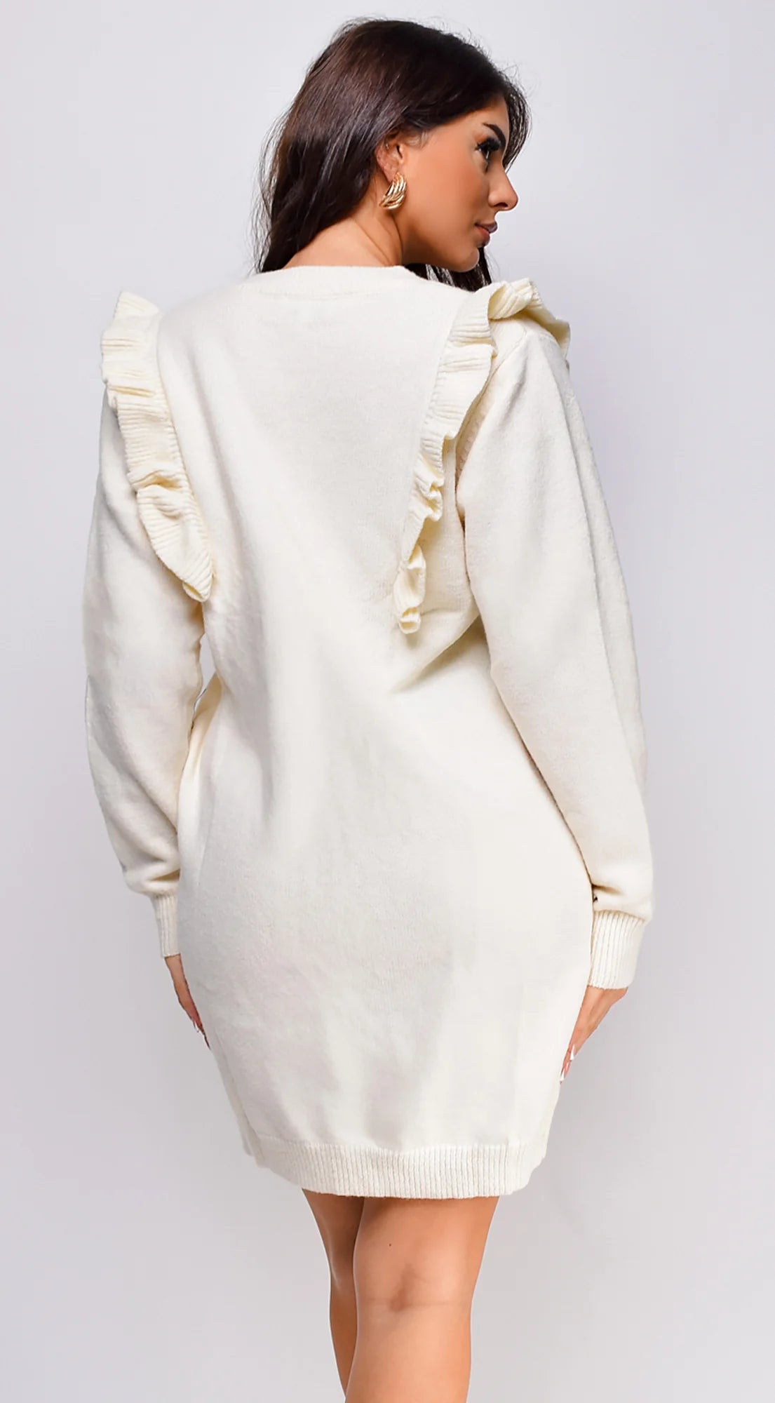 Juno Long Sleeve Ruffle Detail Sweater Mini Dress Ivory