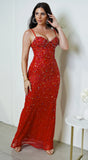 Barletta Rhinestone Multi Gem Studded Maxi Dress Red