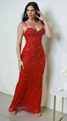 Barletta Rhinestone Multi Gem Studded Maxi Dress Red