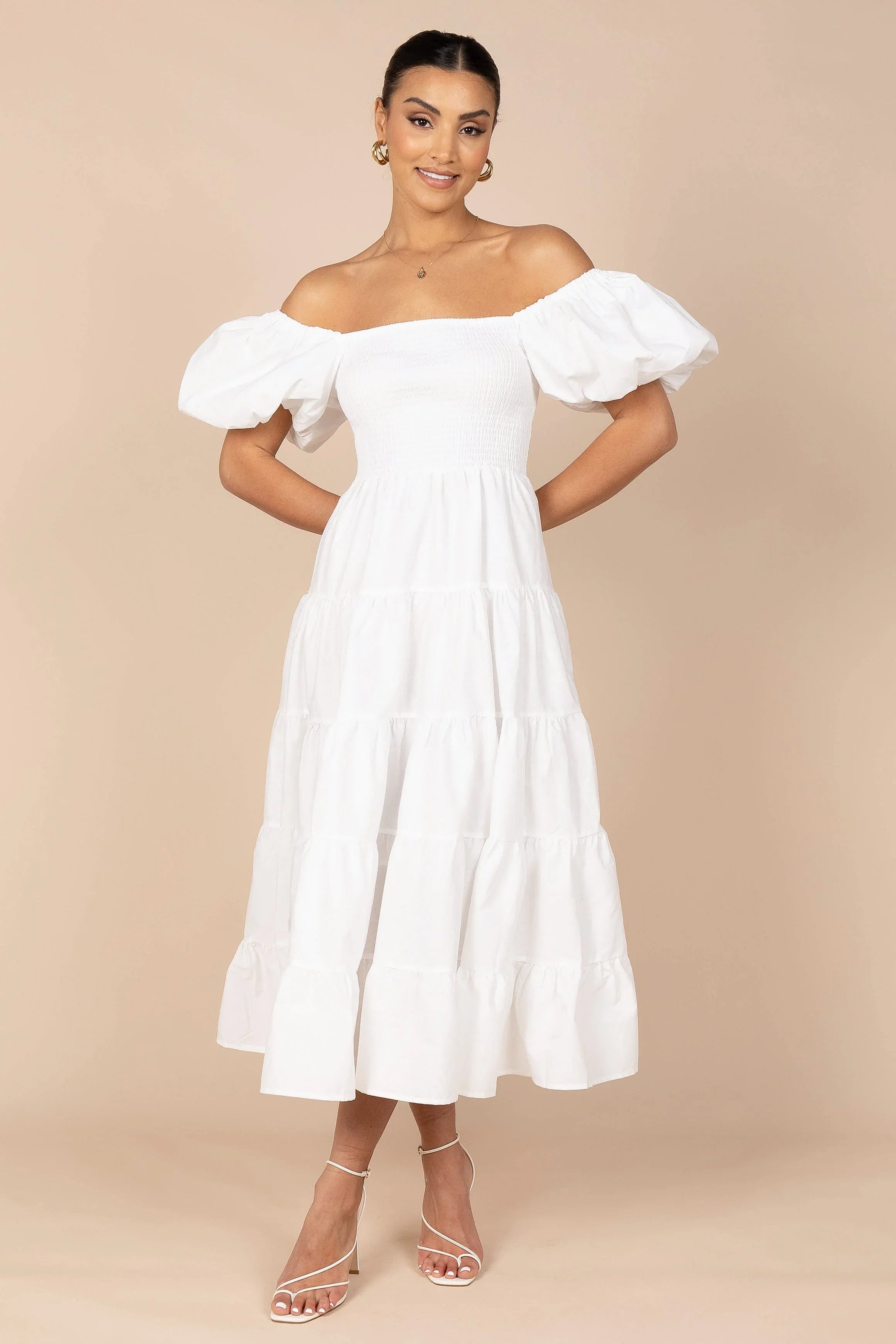 Annette Puff Sleeve Shirred Midi Dress White