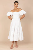Annette Puff Sleeve Shirred Midi Dress White