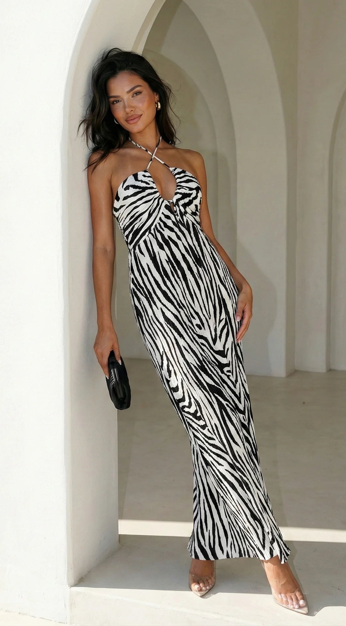 Noemiya Zebra Pleated Halter Maxi Dress White