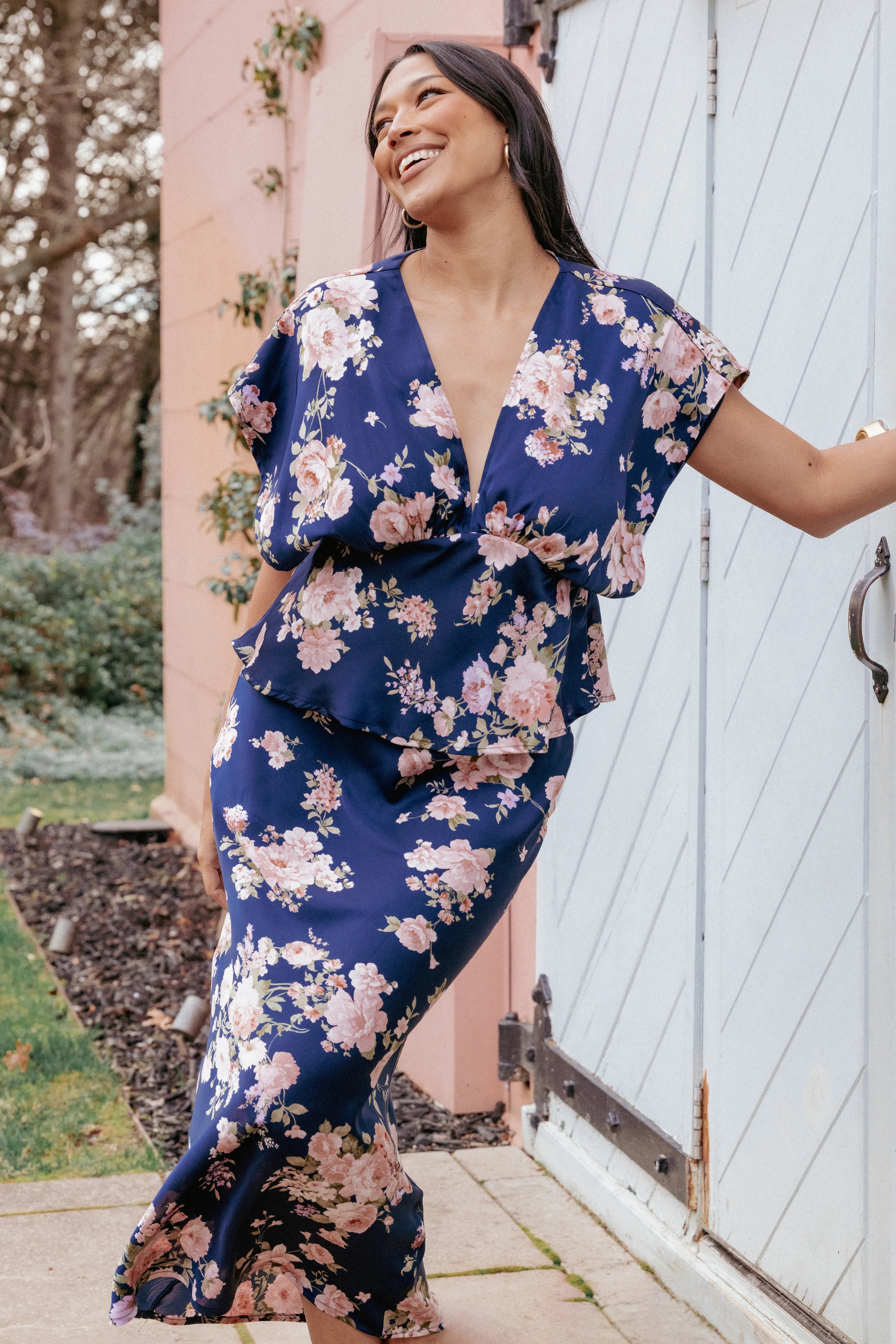 Kenna Satin Midi Skirt Navy Floral