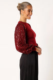 Rowan Sequin Sleeve Top Burgundy