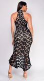 Belen Black Beige Lace Ruffle Hem Maxi Dress