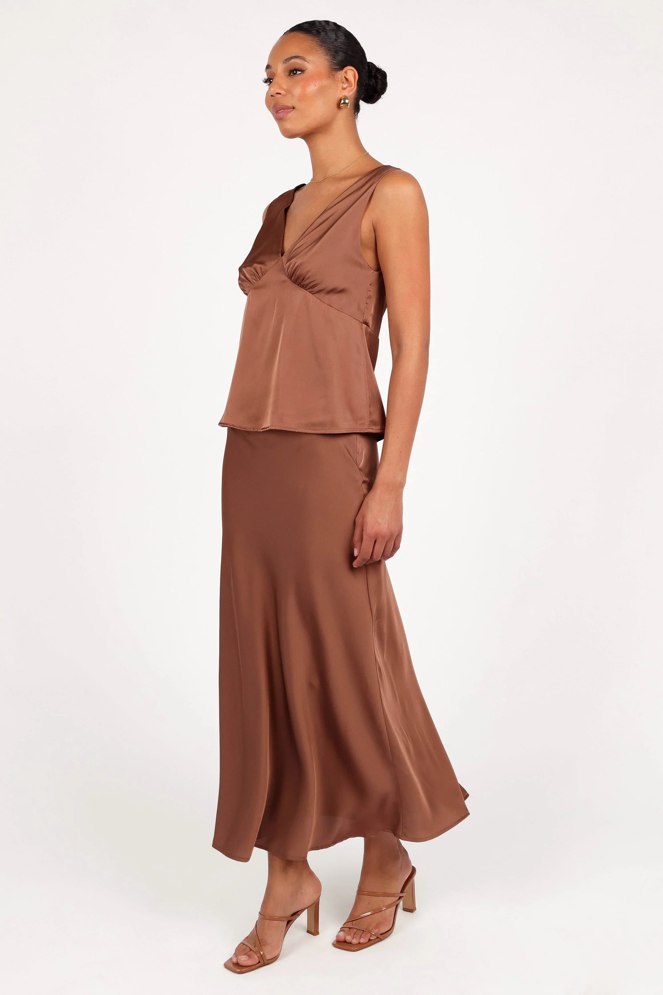 Nellie Satin Midi Skirt Banksia Brown
