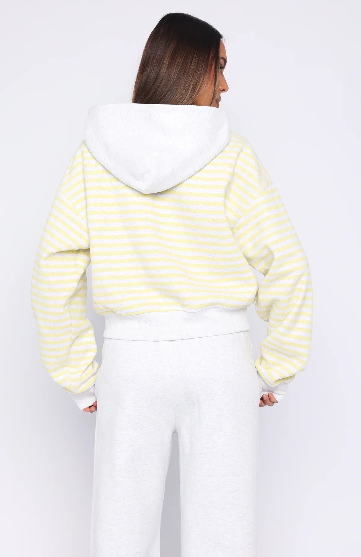 Verano Sixteen Maria Boxy Zip Front Hoodie Grey Marle Lemon Stripe