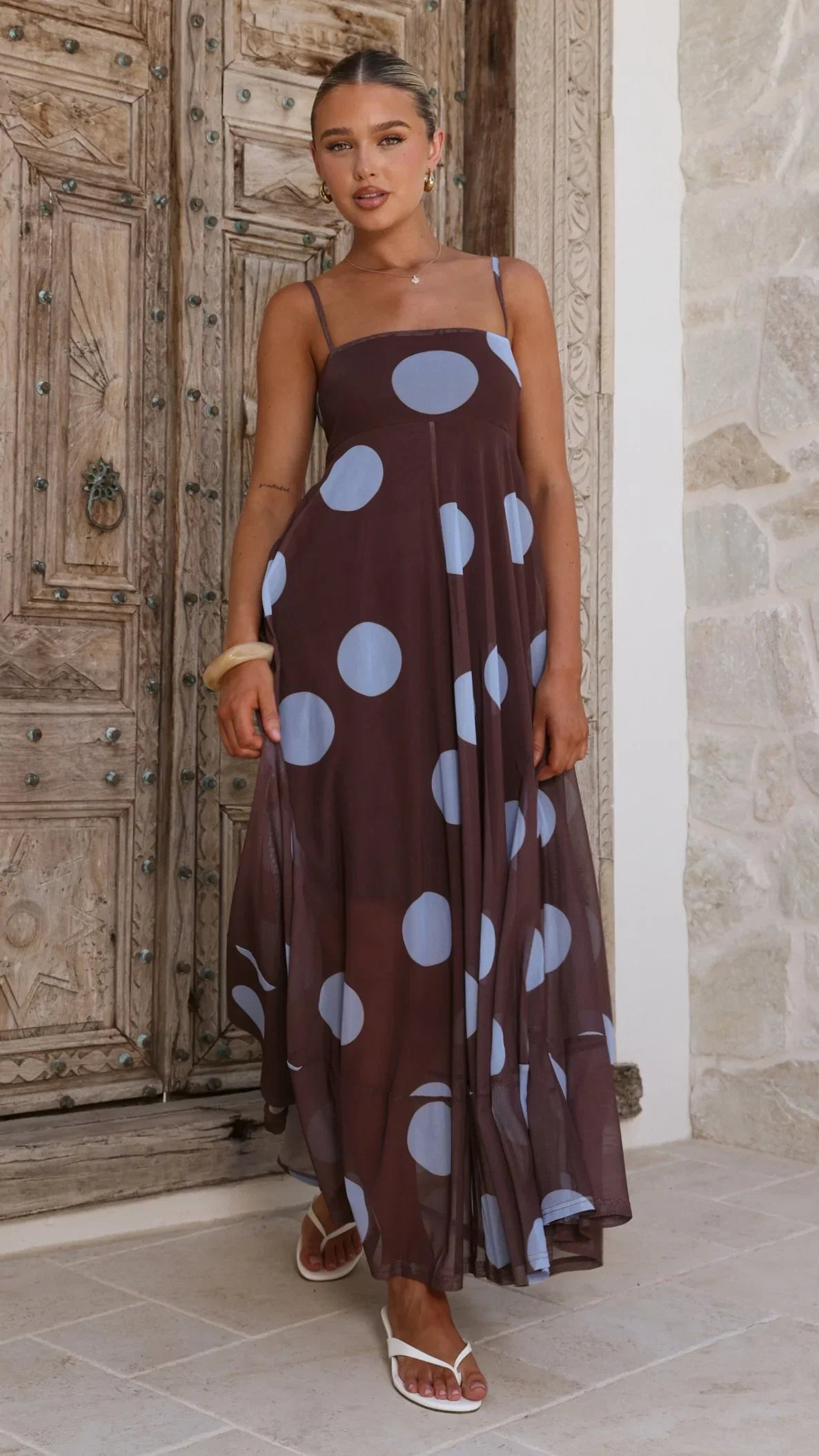 Melinda Mesh Maxi Dress Brown Blue Polka Dot