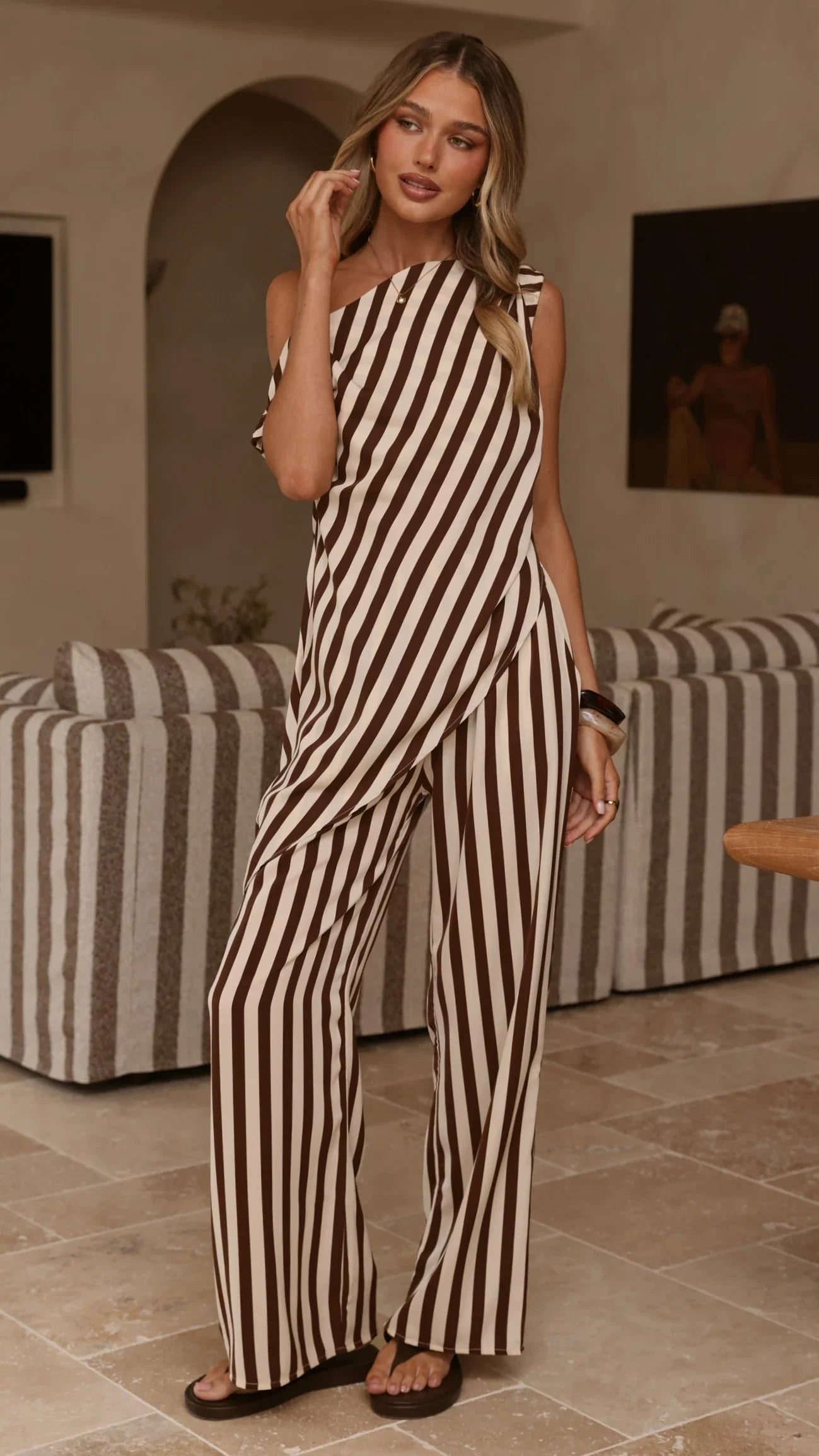 Liana Off Shoulder Top Pants Set Brown Stripe