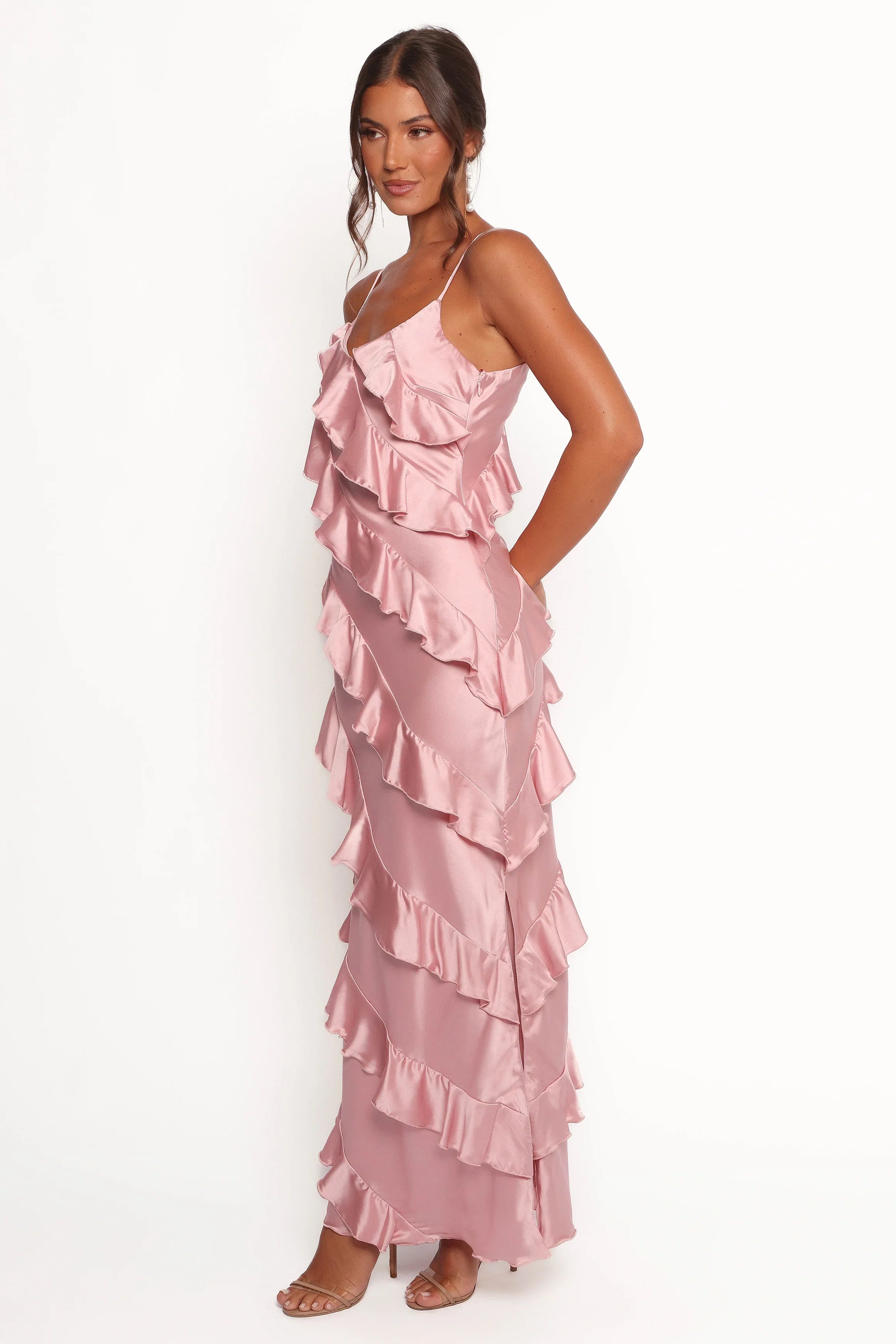 Ciao Ruffles Maxi Satin Dress Pink