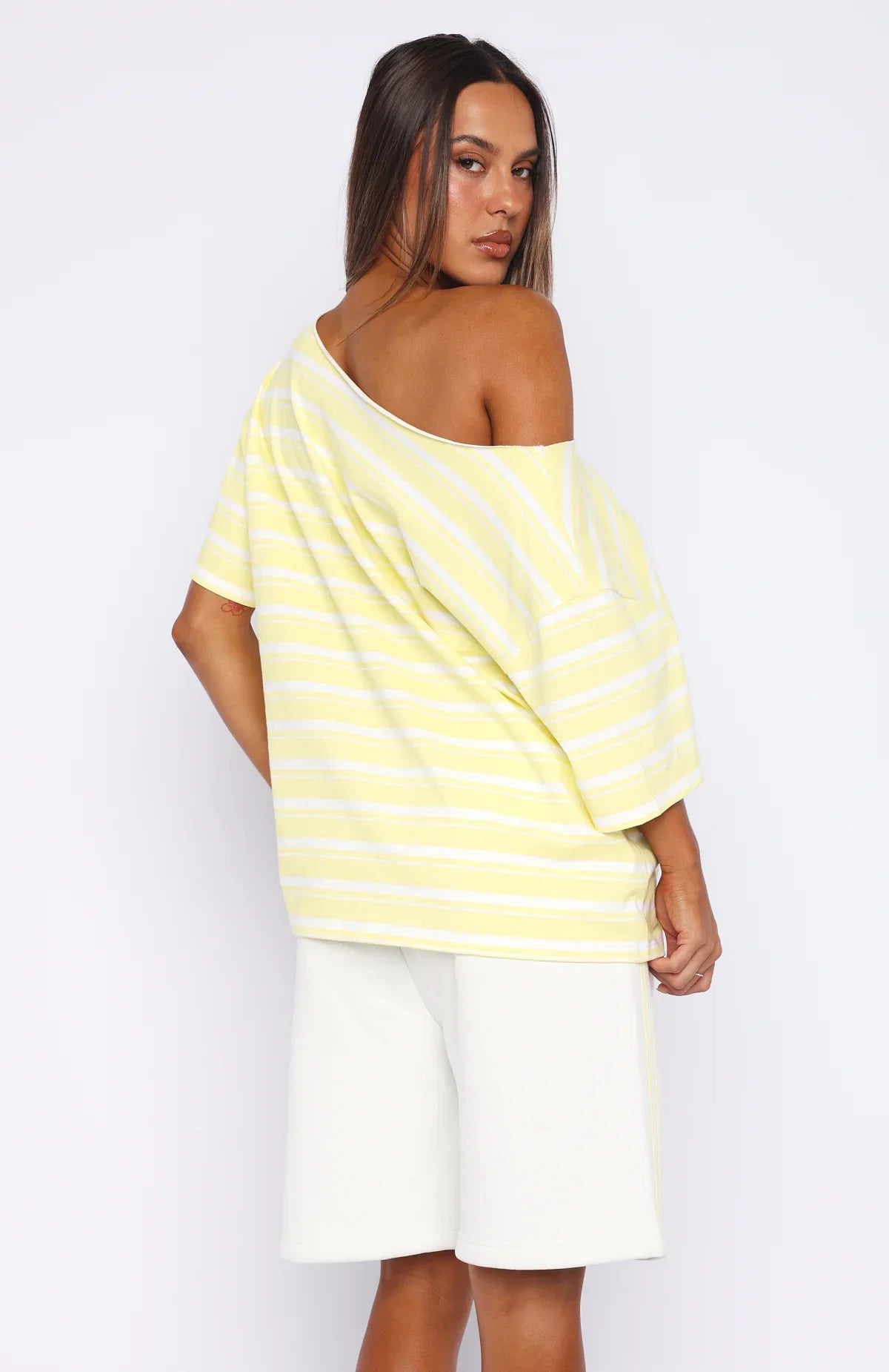 Verano Sixteen Magnolia Off Shoulder Oversized Tee Lemon White Stripe