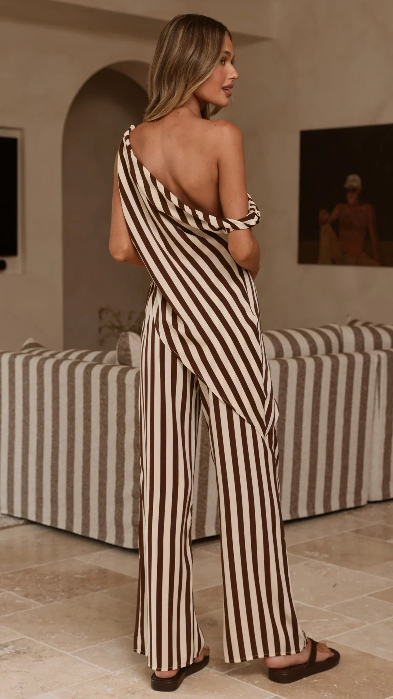 Liana Off Shoulder Top Pants Set Brown Stripe