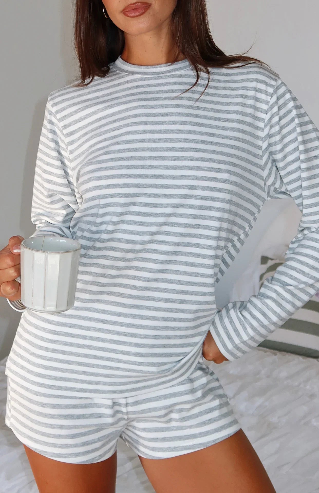 Slow Life Long Sleeve Pyjama Top Grey White Stripe