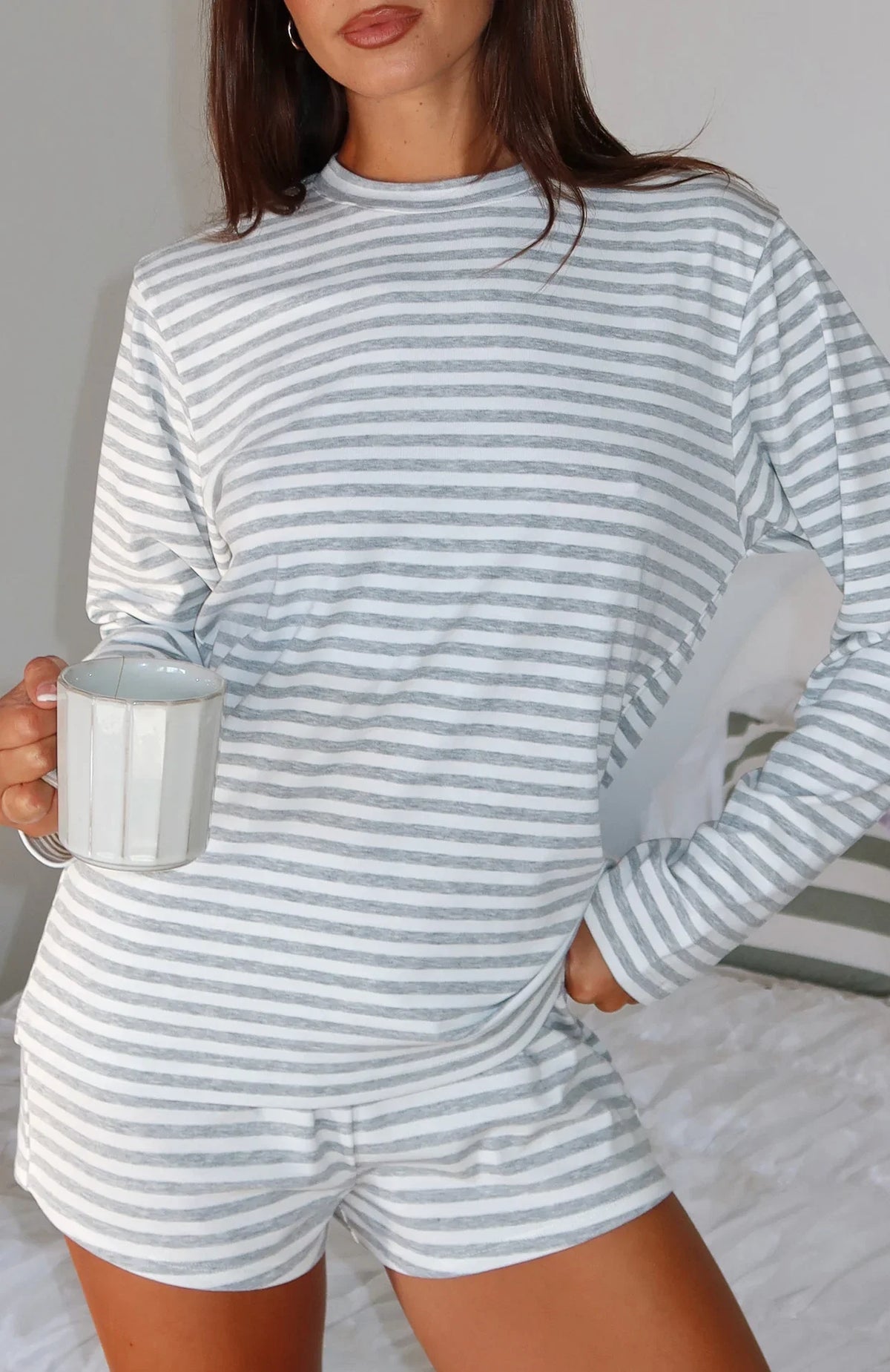 Slow Life Long Sleeve Pyjama Top Grey White Stripe